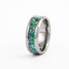 Silver tungsten ring with vibrant multicolored opal inlay on white background