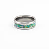 Silver tungsten ring with iridescent green-blue opal inlay, top-down view on white background.