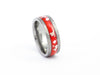 Side view of hammered silver tungsten ring with red opal inlay.