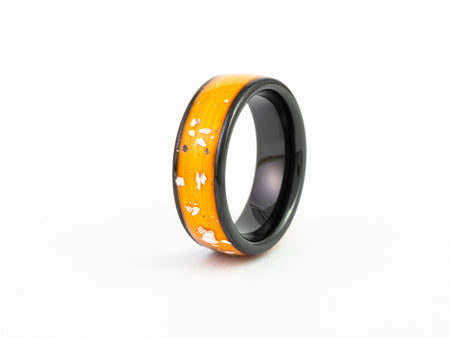 Black Ceramic Tungsten Ring with bright orange resin and white Mother-of-Pearl flake inlay.