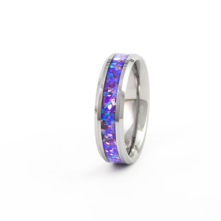 Silver Tungsten Carbide Wedding Band with purple and blue synthetic opal inlay and polished beveled edges.