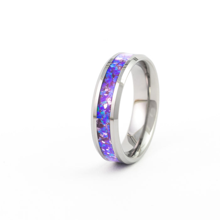 Side profile of the Silver Tungsten Carbide Ring with vibrant purple and blue synthetic opal inlay.