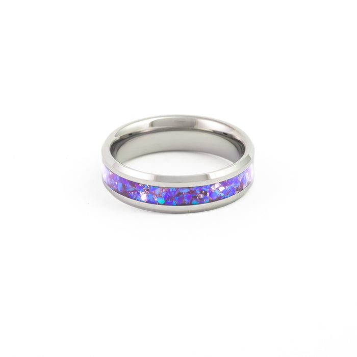 Top view of the Tungsten Carbide Ring showcasing the full width of the purple and blue synthetic opal inlay.