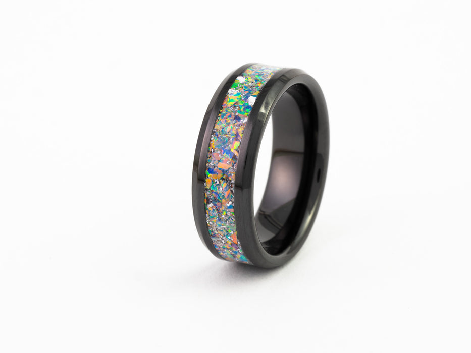 Black Ceramic Ring with wide, colorful fire opal flake inlay band and polished edges.