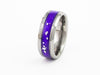 Polished Silver Tungsten Carbide Ring with vibrant purple resin inlay and suspended silver leaf flakes.