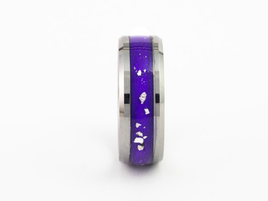 Side profile close-up of the Tungsten Carbide Ring showing the wide purple resin band with silver leaf inlay.