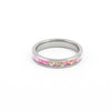 Top view of the slim Tungsten Ring showcasing the narrow pink synthetic fire opal inlay on white background.