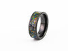 Black Ceramic Ring with wide, dark nebula-style multicolored fire opal inlay and flecks of silver leaf.