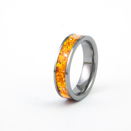Gunmetal Tungsten Carbide Ring with wide, shimmering orange synthetic fire opal inlay and beveled edges.