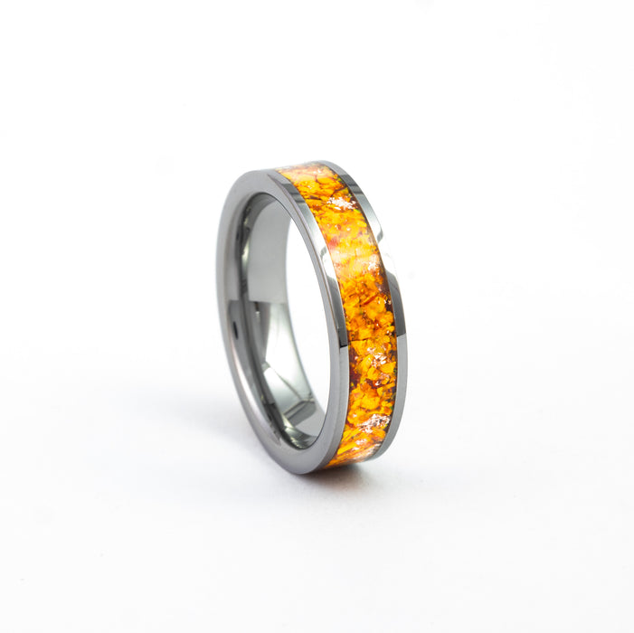 Angled view of the Gunmetal Tungsten Carbide Ring with bright orange synthetic fire opal inlay.
