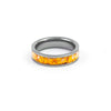 Top view of the Gunmetal Tungsten Ring showcasing the orange synthetic fire opal inlay and detailed edges.