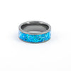 Top view of the Gunmetal Tungsten Ring showcasing the wide, vibrant blue synthetic fire opal inlay.