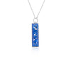 Sterling silver chain necklace with a rectangular bar pendant featuring bright blue resin and internal silver flake accents.