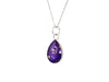 Close-up of the sterling silver teardrop pendant, showcasing the deep purple resin inlay with silver flake accents.