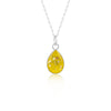 Sterling silver chain necklace with a pear-cut teardrop pendant featuring a yellow resin inlay with white flake accents.