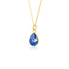 Gold-plated chain necklace with a pear-cut teardrop pendant featuring vibrant blue resin and internal silver flake accents.
