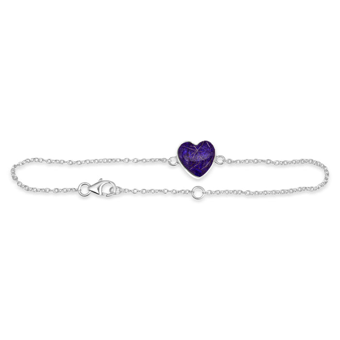 Sterling silver chain bracelet featuring a central heart charm with deep purple resin inlay and internal gold flake accents.