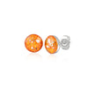 Pair of sterling silver stud earrings featuring round vibrant orange and gold opal resin inlays with internal silver flakes.