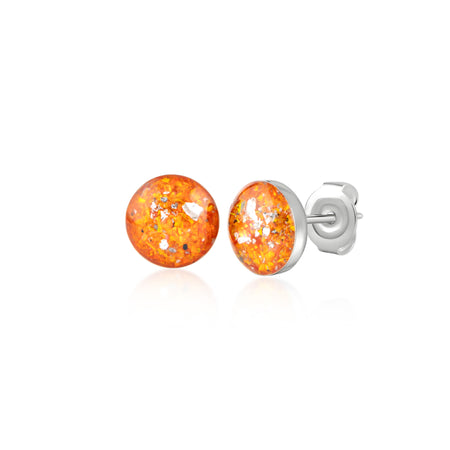 Pair of sterling silver stud earrings featuring round vibrant orange and gold opal resin inlays with internal silver flakes.