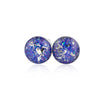 Pair of sterling silver stud earrings featuring round blue and purple opal resin inlays with internal silver flakes.