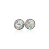 Pair of sterling silver stud earrings featuring round white and silver opal resin inlays with holographic shimmer.