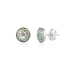 Pair of sterling silver stud earrings featuring round white and silver opal resin inlays with holographic shimmer.