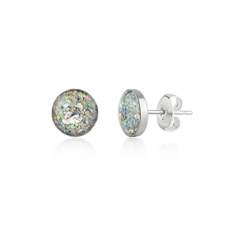 Pair of sterling silver stud earrings featuring round white and silver opal resin inlays with holographic shimmer.