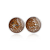 Pair of sterling silver stud earrings featuring round bronze-brown resin inlays with gold and silver flake accents.