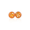 Pair of sterling silver stud earrings featuring round vibrant orange and gold opal resin inlays with internal silver flakes.