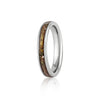 Thin sterling silver band ring featuring a continuous inlay of brown resin with gold and silver flake accents.