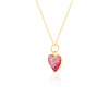Angled studio shot of a gold-plated heart pendant with vibrant pink resin and internal silver flake accents.