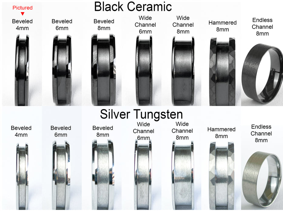 Ring style comparison: Black Ceramic (pictured: beveled 4mm) and Silver Tungsten – beveled, channel, hammered, and endless designs.