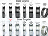 Ring style comparison: Black Ceramic and Silver Tungsten (pictured: silver beveled 6mm) – beveled, channel, hammered, and endless designs.