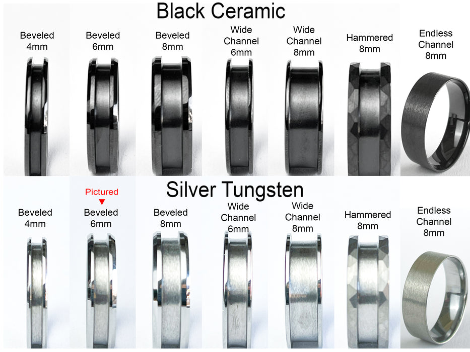 Ring style comparison: Black Ceramic and Silver Tungsten (pictured: silver beveled 6mm) – beveled, channel, hammered, and endless designs.