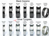 Ring style comparison: Black Ceramic and Silver Tungsten (pictured: silver beveled 8mm) – beveled, channel, hammered, and endless designs.