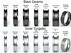 Ring style comparison: Black Ceramic and Silver Tungsten (pictured: silver hammered 8mm) – beveled, channel, hammered, and endless designs.