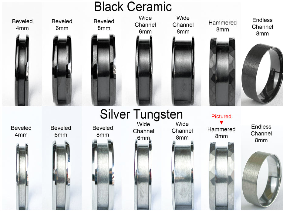Ring style comparison: Black Ceramic and Silver Tungsten (pictured: silver hammered 8mm) – beveled, channel, hammered, and endless designs.