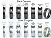 Ring style comparison: Black Ceramic (pictured: wide channel 6mm) and Silver Tungsten – beveled, channel, hammered, and endless designs.