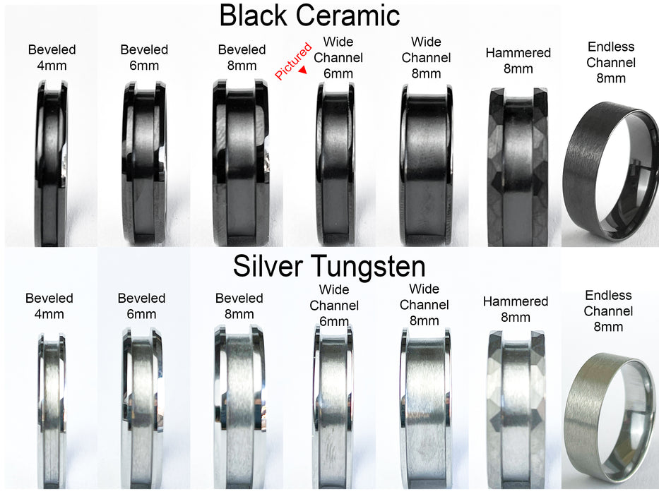 Ring style comparison: Black Ceramic (pictured: wide channel 6mm) and Silver Tungsten – beveled, channel, hammered, and endless designs.