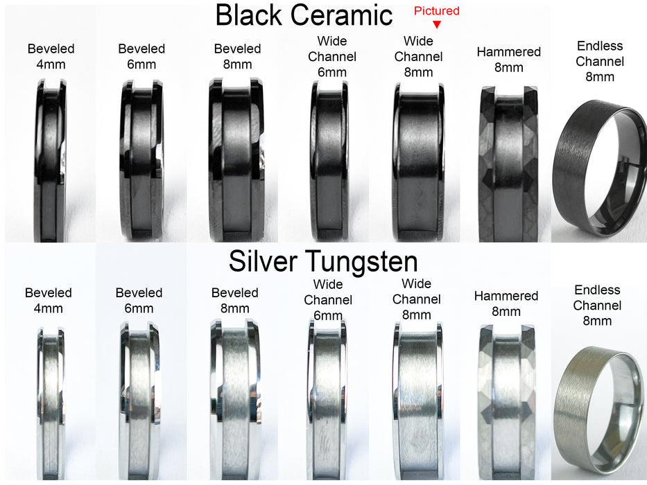 Ring style comparison: Black Ceramic (pictured: wide channel 8mm) and Silver Tungsten – beveled, channel, hammered, and endless designs.