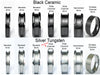 Ring style comparison: Black Ceramic and Silver Tungsten (pictured: silver wide channel 6mm) – beveled, channel, hammered, and endless designs.