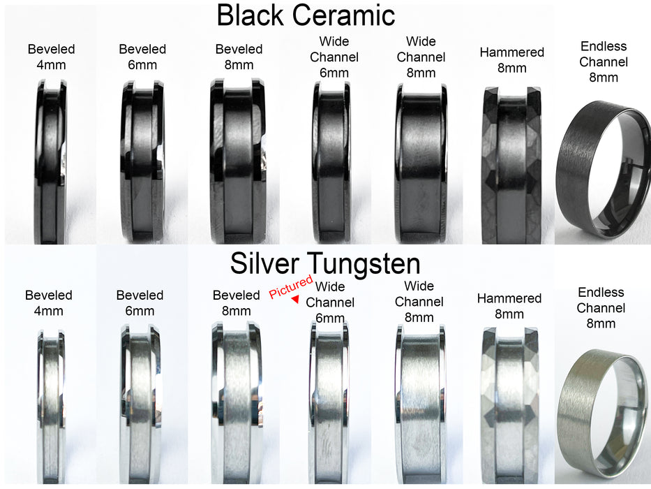 Ring style comparison: Black Ceramic and Silver Tungsten (pictured: silver wide channel 6mm) – beveled, channel, hammered, and endless designs.