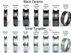 Ring style comparison: Black Ceramic and Silver Tungsten (pictured: wide channel 8mm) – beveled, channel, hammered, and endless designs.