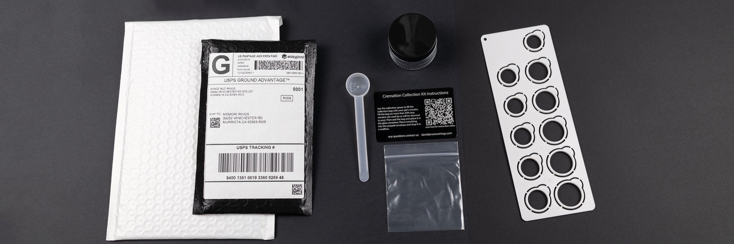 Cremation jewelry collection kit with envelope, jar, scoop, baggie, and ring sizer template.