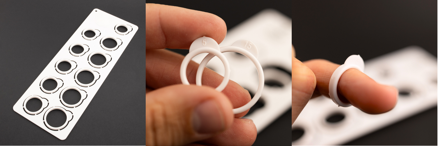 Three images showing a ring sizer template and plastic sizer loops being used on a finger.