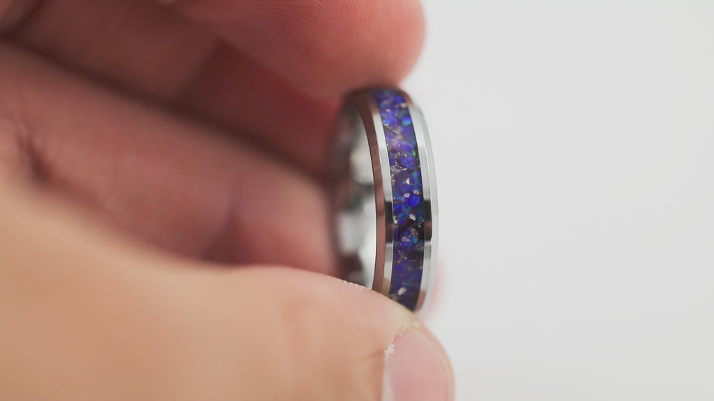 360-degree video view of the Tungsten Carbide Ring showcasing the shimmering purple and blue synthetic opal inlay.